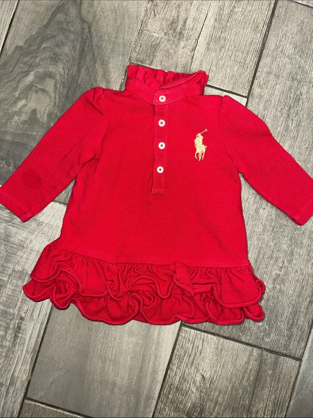 Ralph Lauren Red Baby Dress Ruffle Gold Pony Long Sleeve Girl‎ Size 6 months